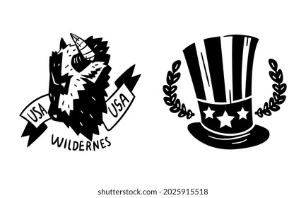 USA Logo Badges Set, Monochrome American National Symbols, Patriotic Black Emblems, Stickers Vector Illustration