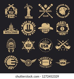 USA logo vintage icons set. Simple illustration of 16 USA logo vintage vector icons for web USA logo vintage icons set. Simple illustration of 16 USA logo vintage vector icons for web