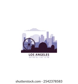 Logo de USA Los Angeles con skyline, icono de Vector retro de paisaje urbano. Estados Unidos de América, California horizonte de la ciudad, fachada, logotipo de viaje