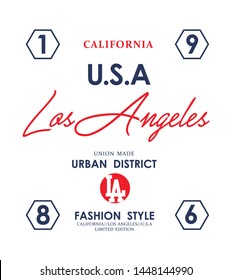 USA Los Angeles slogan graphic typography for t shirt print, vector design illustration 