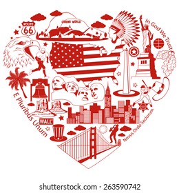 USA Love. Red heart with american vector icons and symbols