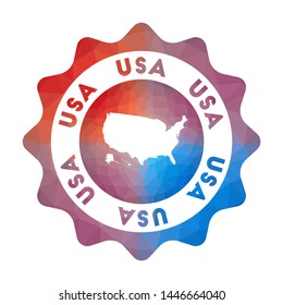 USA low poly logo. Colorful gradient travel logo of the country in geometric style. Multicolored polygonal USA rounded sign with map for your infographics.