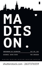 USA Madison typography minimalist vector poster for event, national festival, independence day, holiday layout. Brochure, leaflet, flyer, presentation image template for America, Wisconsin