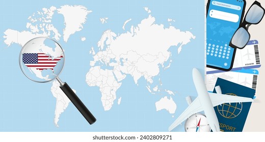 USA is magnified over a World Map, illustration with airplane, passport, boarding pass, compass and eyeglasses. Vector illustration.