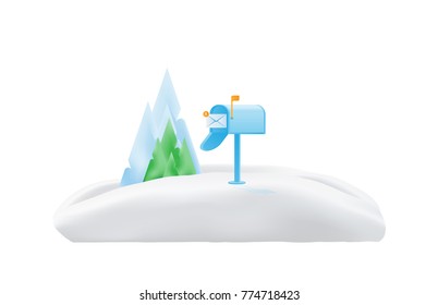USA mailbox with envelopegreen and trees and mountains in the snow
