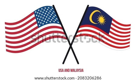 USA and Malaysia Flags Crossed And Waving Flat Style. Official Proportion. Correct Colors.