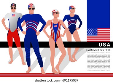 USA : Male and Female Swimmers : Swimmers in National Swimsuits : Vector Illustration