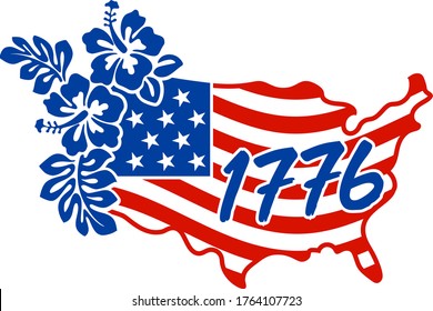 USA map 1776 as american flag with flowers. Celebration of 4th of July USA Independence Day vector tee shirt design. Designed in Stars and Stripes