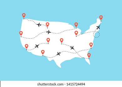 USA Map With Airplane Flight Paths On A Blue Background