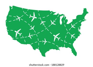 USA map with airplane routes