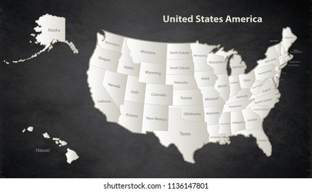 USA map with Alaska and Hawaii map Black White separate states individual names blackboard vector