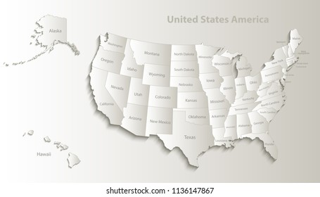 USA Map With Alaska And Hawaii Map Separate States Individual Names Card Paper 3D Natural Vector