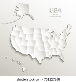 USA map with Alaska and Hawaii, separate states individual, card paper 3D natural vector