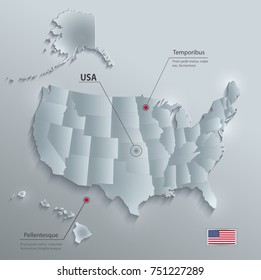 USA map with Alaska and Hawaii, separate states individual, glass card paper 3D vector