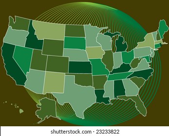 USA map with all states with separate borders and a stylized earth as background.