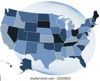 USA map with all states with separate borders and a stylized globe as background.
