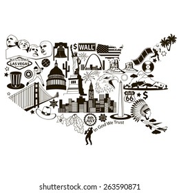 USA map. American map with black vector icons and symbols