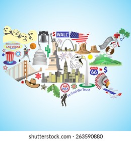 USA map. American map with color vector icons and symbols