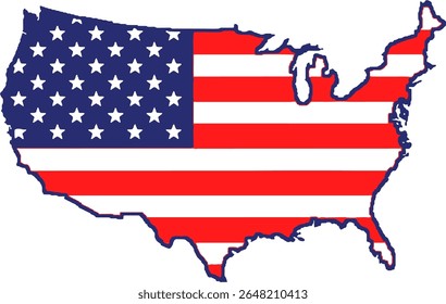 USA Map with American Flag. A clear and iconic depiction of the United States map filled with the distinctive stars and stripes of the American flag. Ideal for patriotic themes, national holidays