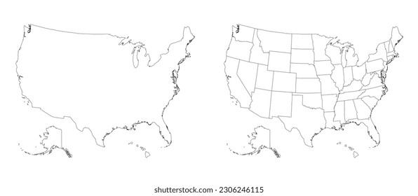USA map. American Flag one white black outline 