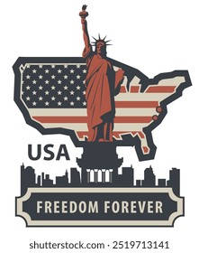 USA map and American flag with the Statue of Liberty on background of silhouettes of New York skyscrapers. Vector banner, logo, poster, flyer, t-shirt design, greeting card or design element