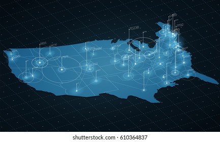 USA map big data visualization. Futuristic map infographic. Information aesthetics. Visual data complexity. Complex USA data graphic visualization. Abstract data on map graph.