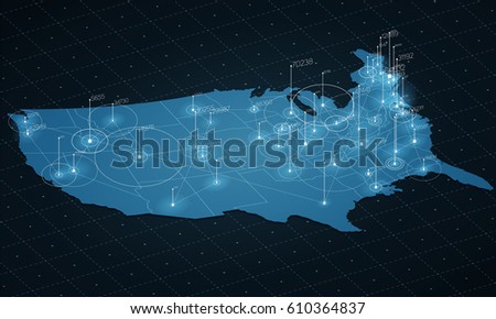 USA map big data visualization. Futuristic map infographic. Information aesthetics. Visual data complexity. Complex USA data graphic visualization. Abstract data on map graph.