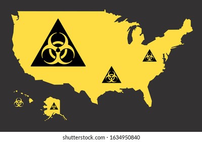 USA map with biohazard virus sign illustration in black and yellow