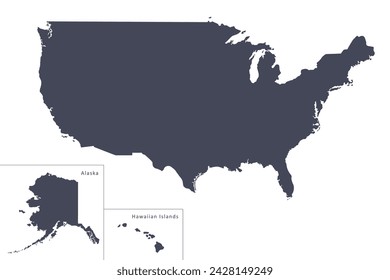 USA map black silhouette isolated on white. Hand drawn contour, blank country border. Vector clipart for banner background design, geographic, travel, events in United States illustration.