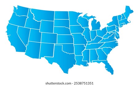 Mapa dos EUA em azul, isolado no fundo branco. Mapa editável e detalhado dos Estados Unidos com divisões administrativas delineadas. Ilustração vetorial.