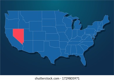 USA map in blue with Nevada state with Carson City capital outlined in red illustration vector