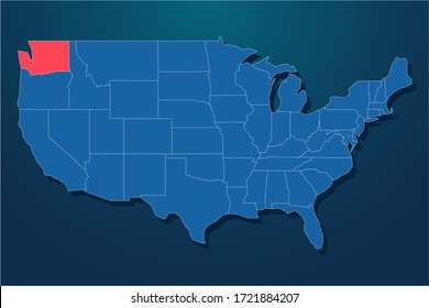 USA map in blue with Washington state with Olympia capital city outlined in red illustration vector