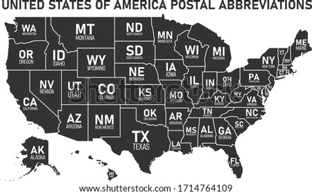 USA map with borders and abbreviations for US states. Black color states with white inscriptions. Flat style vector illustration isolated on white background.