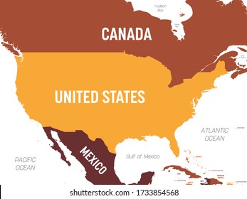USA-Karte - braune orangefarbene Farbe auf dunklem Hintergrund. Hohe detaillierte politische Landkarte Vereinigte Staaten von Amerika und Nachbarländer mit Land-, Ozean- und Meeresbezeichnungen Kennzeichnung.