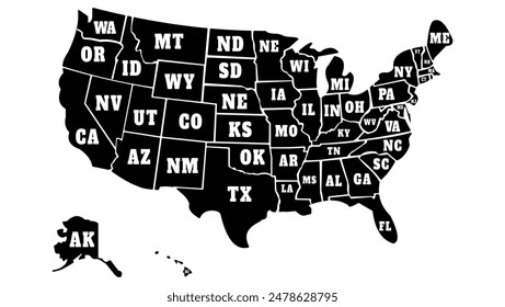 USA map by states, black isolated silhouette