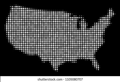 USA map collage of round pixels on a black background. Vector small spheres are united into halftone USA map. Abstract territory plan in bright color shades.