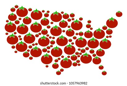 USA Map collage of tomato in various sizes. Vector tomatoes symbols are grouped into usa map mosaic. Vegetarian vector illustration.