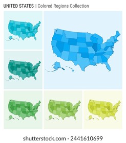USA map collection. Country shape with colored regions. Light Blue, Cyan, Teal, Green, Light Green, Lime color palettes. Border of USA with provinces for your infographic. Vector illustration.