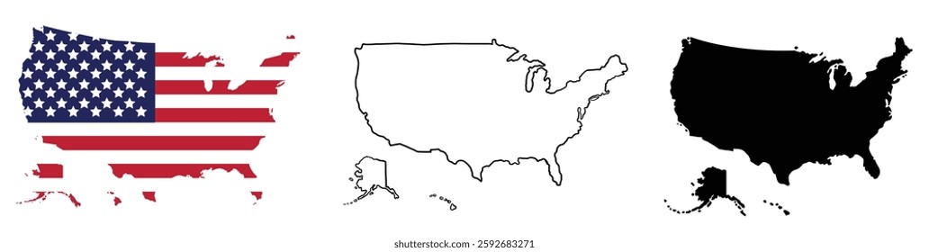 USA Map Collection . Official Color Map . Black and Outline Map . High-Quality Vector Collection for Travel . Education and Design