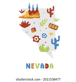 USA map collection. State symbols and nature on gray state silhouette - Nevada. Cartoon simple style for print