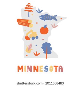 USA Map Collection. State Symbols And Nature On Gray State Silhouette - Minnesota. Cartoon Simple Style For Print