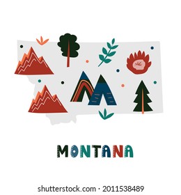 USA map collection. State symbols and nature on gray state silhouette - Montana. Cartoon simple style for print