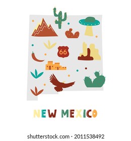 USA map collection. State symbols and nature on gray state silhouette - New Mexico. Cartoon simple style for print