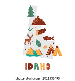USA map collection. State symbols and nature on gray state silhouette - Idaho. Cartoon simple style for print
