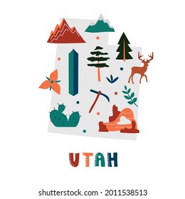 USA map collection. State symbols and nature on gray state silhouette - Utah. Cartoon simple style for print