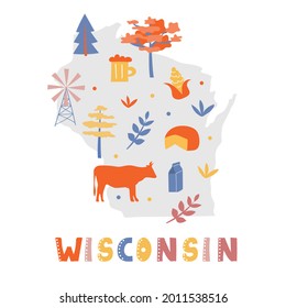 USA-Kartensammlung. Staatssymbole und Natur auf grauem Staatssilhouette - Wisconsin. Cartoon-einfacher Stil für den Druck
