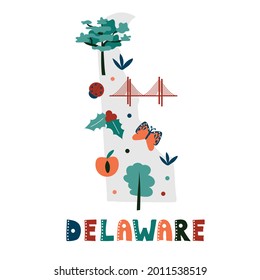 USA map collection. State symbols and nature on gray state silhouette - Delaware. Cartoon simple style for print