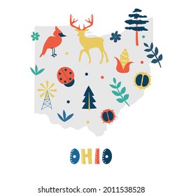 USA map collection. State symbols and nature on gray state silhouette - Ohio. Cartoon simple style for print