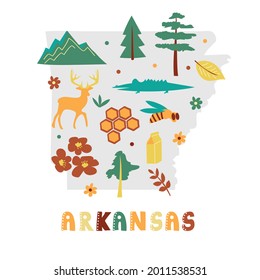 Colección de mapas de EE. UU. Símbolos estatales y naturaleza en la silueta de estado gris - Arkansas. Estilo de dibujo sencillo para imprimir