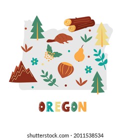 USA map collection. State symbols and nature on gray state silhouette - Oregon. Cartoon simple style for print